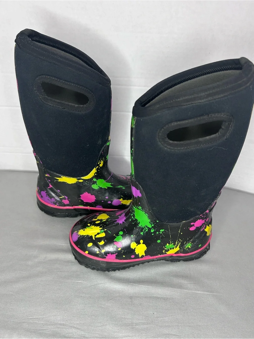 Bogs Youth Kids Black Splash-Print Rain Boots - Pink, Green & Yellow